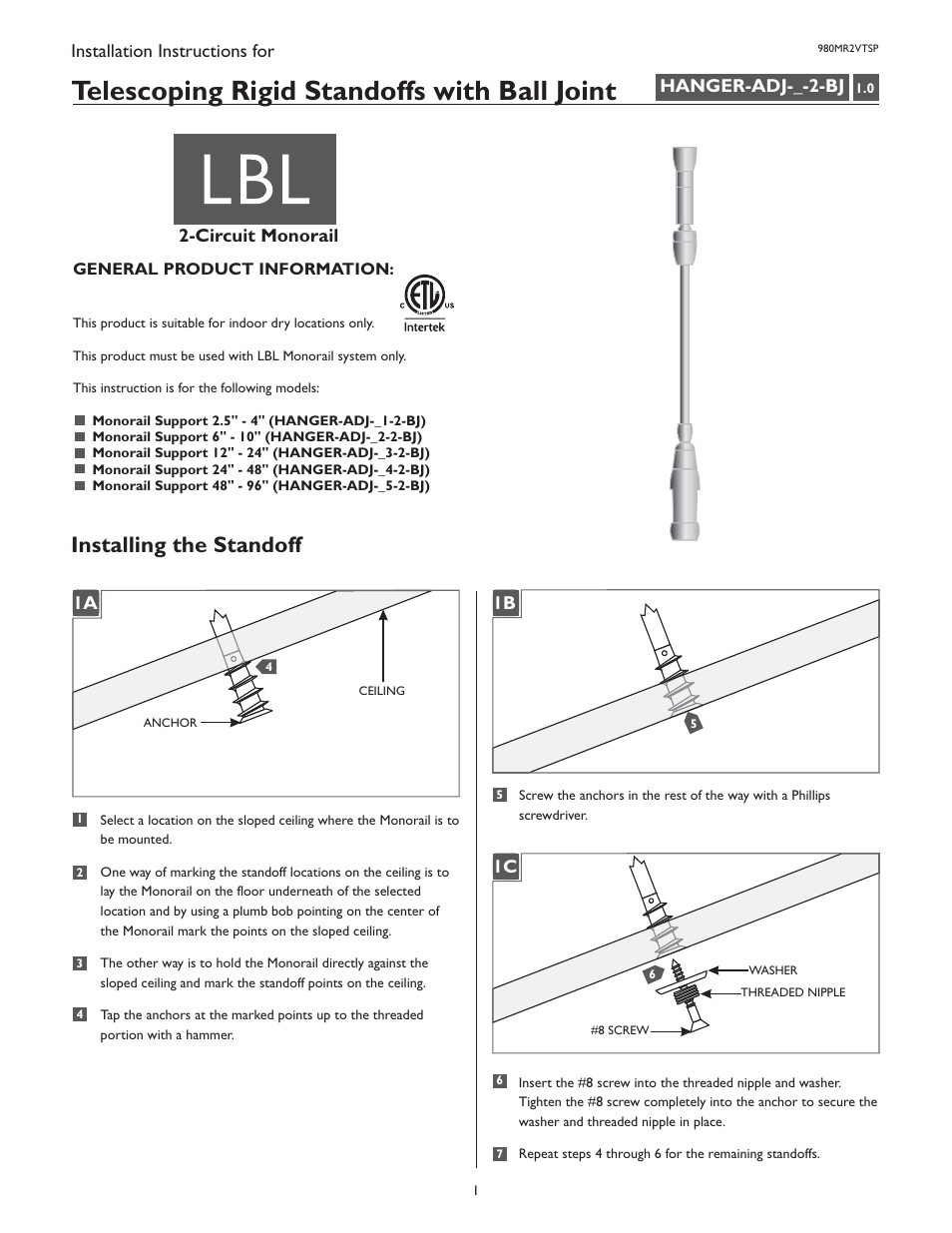 LBL Lighting Standoff Ball Joint Assembly User Manual | 4 pages