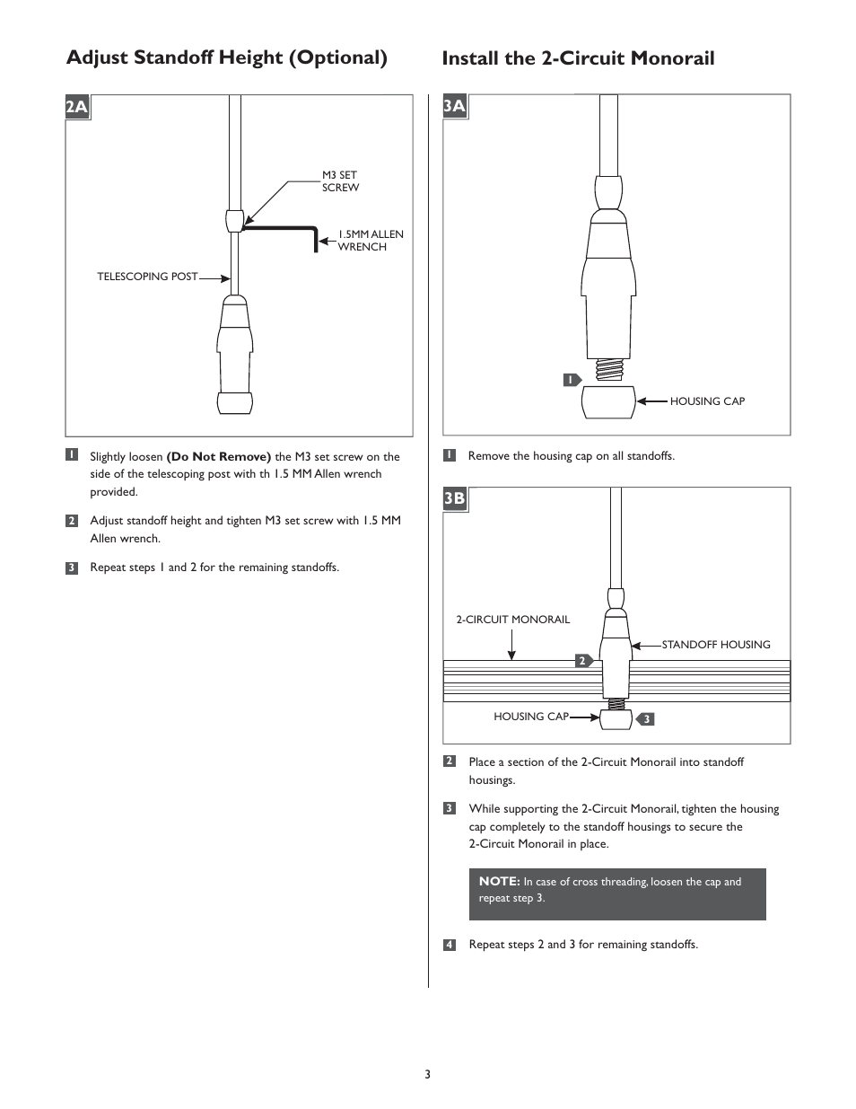 Adjust standoff height (optional), Install the 2-circuit monorail, 2a 1a 3a | 1a 3b | LBL Lighting Standoff Ball Joint Assembly User Manual | Page 3 / 4