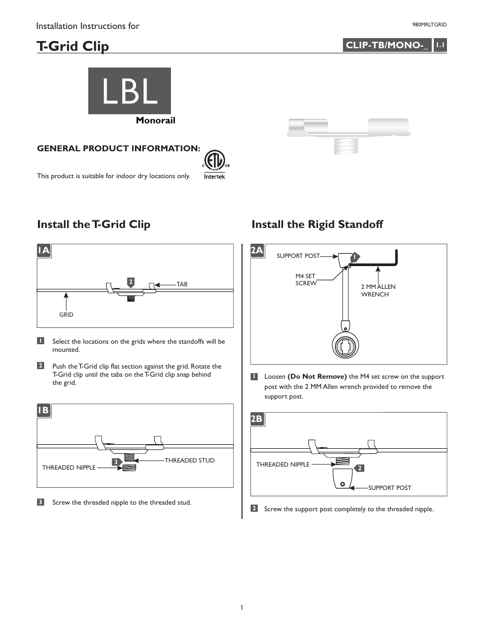 LBL Lighting T-Grid Clip User Manual | 2 pages