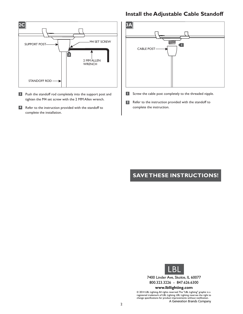 Install the adjustable cable standoff, Save these instructions, 1a 2c | 1a 3a | LBL Lighting T-Grid Clip User Manual | Page 2 / 2