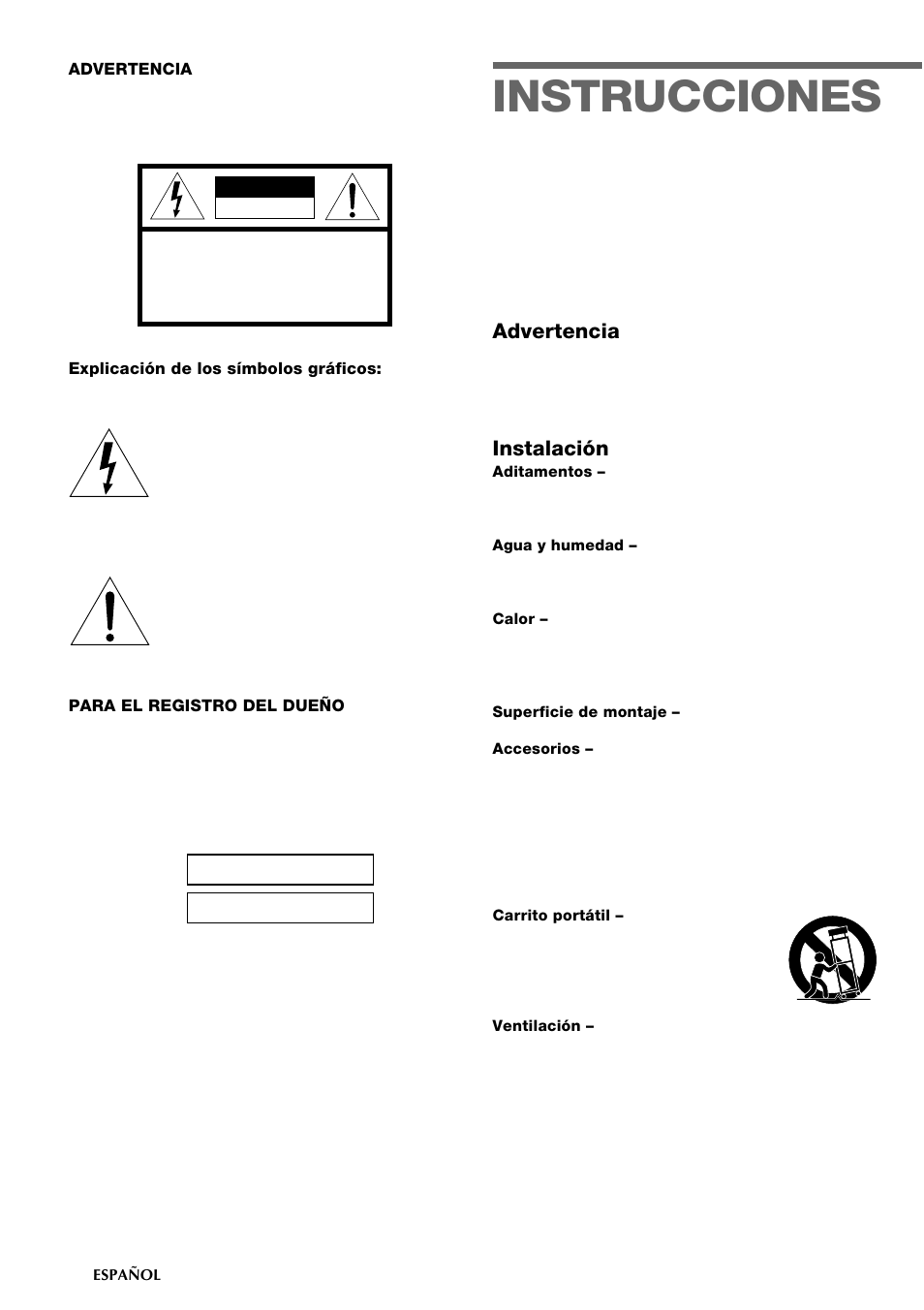 Instrucciones, Advertencia, Instalación | Aiwa CSD-TD19 User Manual | Page 10 / 26