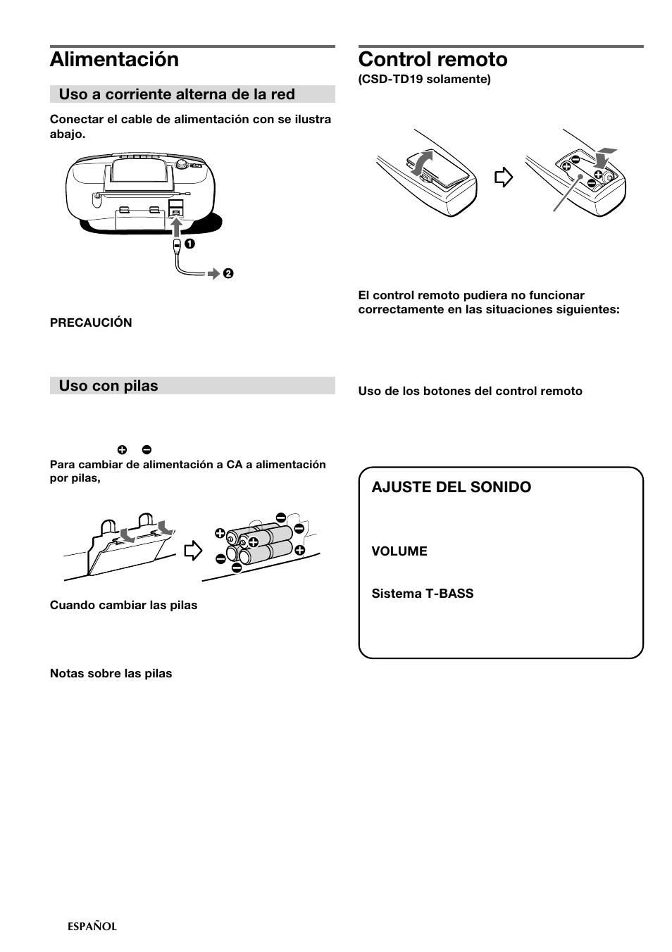 Alimentación, Control remoto, Uso a corriente alterna de la red | Uso con pilas, Ajuste del sonido | Aiwa CSD-TD19 User Manual | Page 12 / 26