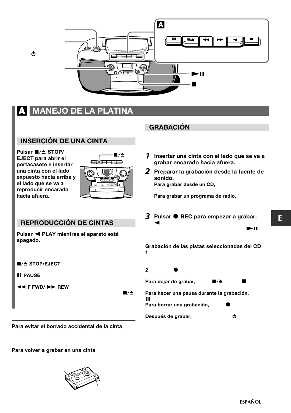 Emanejo de la platina, Inserción de una cinta, Reproducción de cintas | Grabación | Aiwa CSD-TD19 User Manual | Page 13 / 26