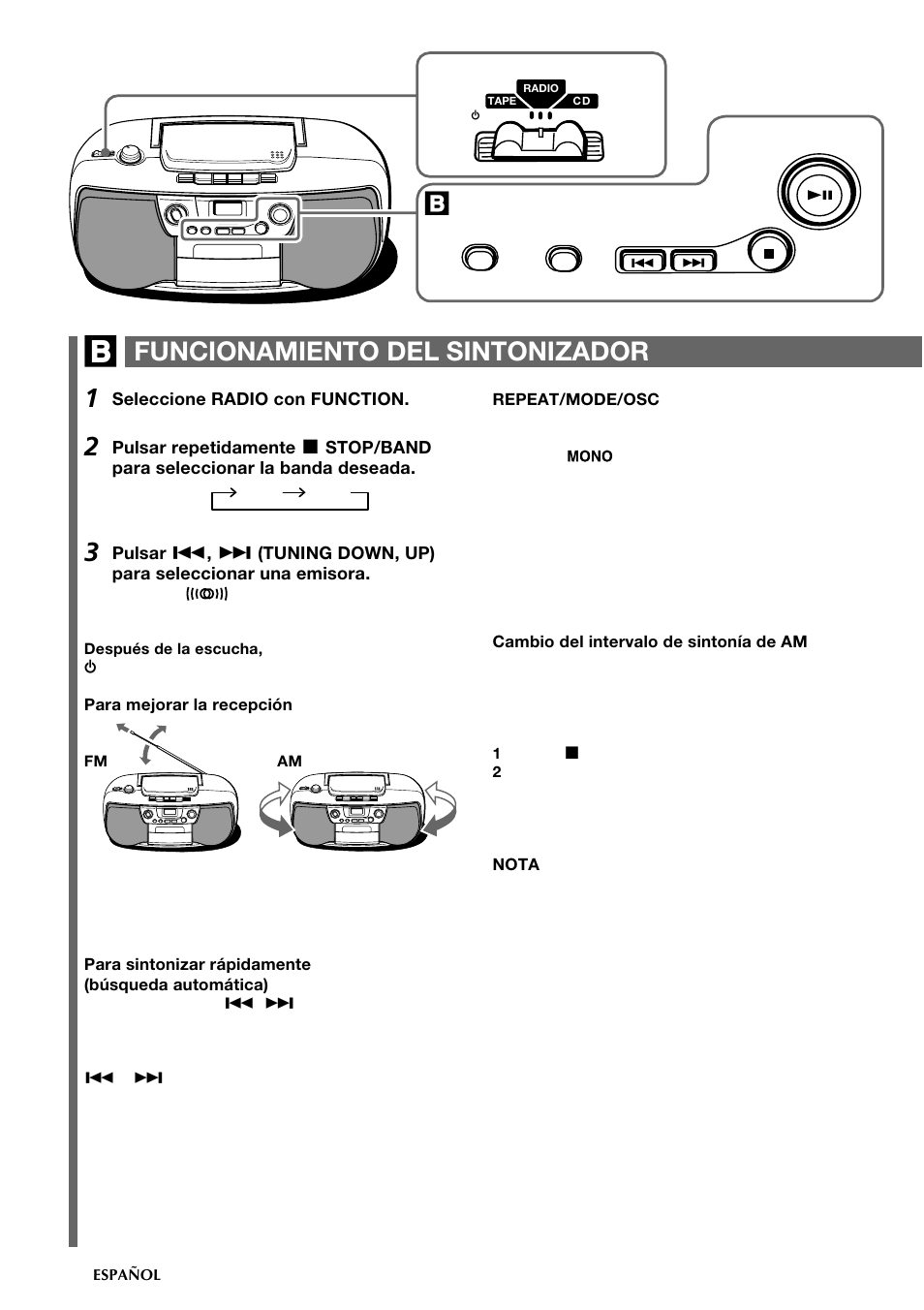 Funcionamiento del sintonizador | Aiwa CSD-TD19 User Manual | Page 14 / 26