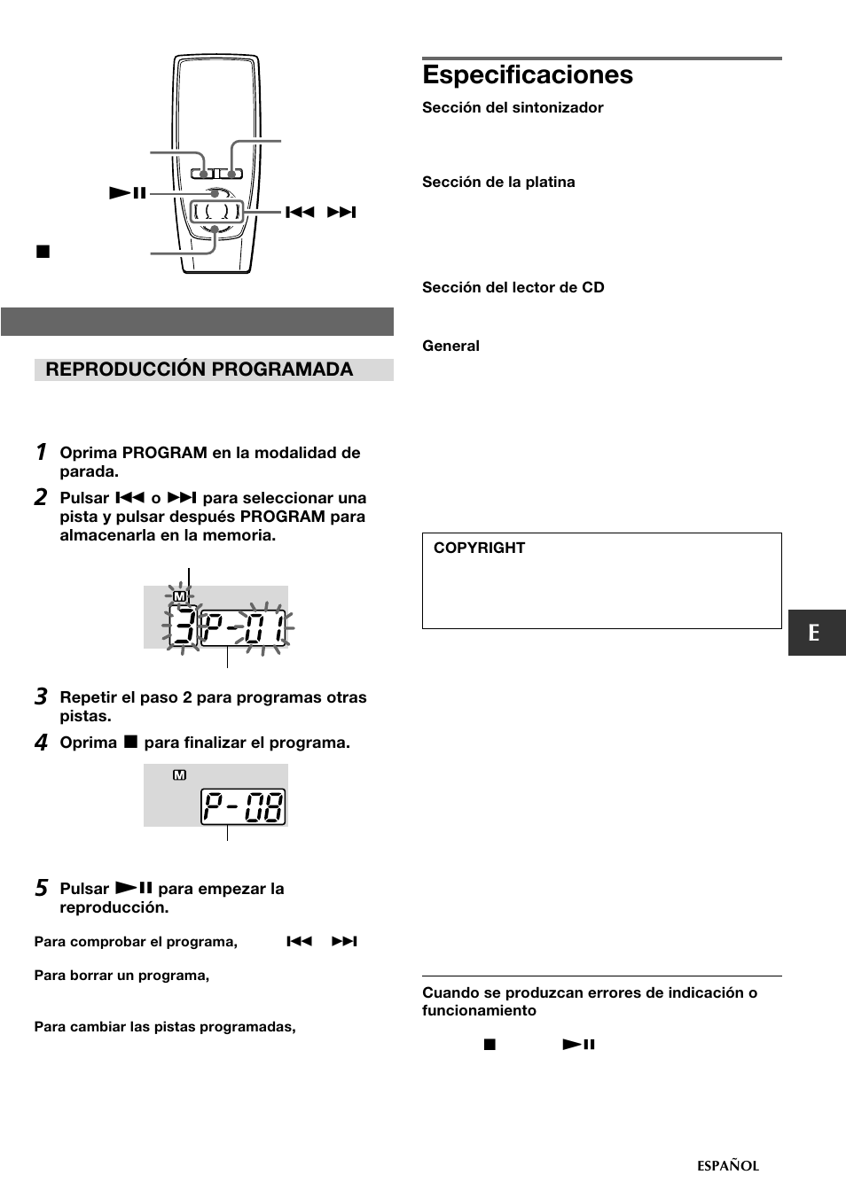 Especificaciones, Reproducción programada | Aiwa CSD-TD19 User Manual | Page 17 / 26