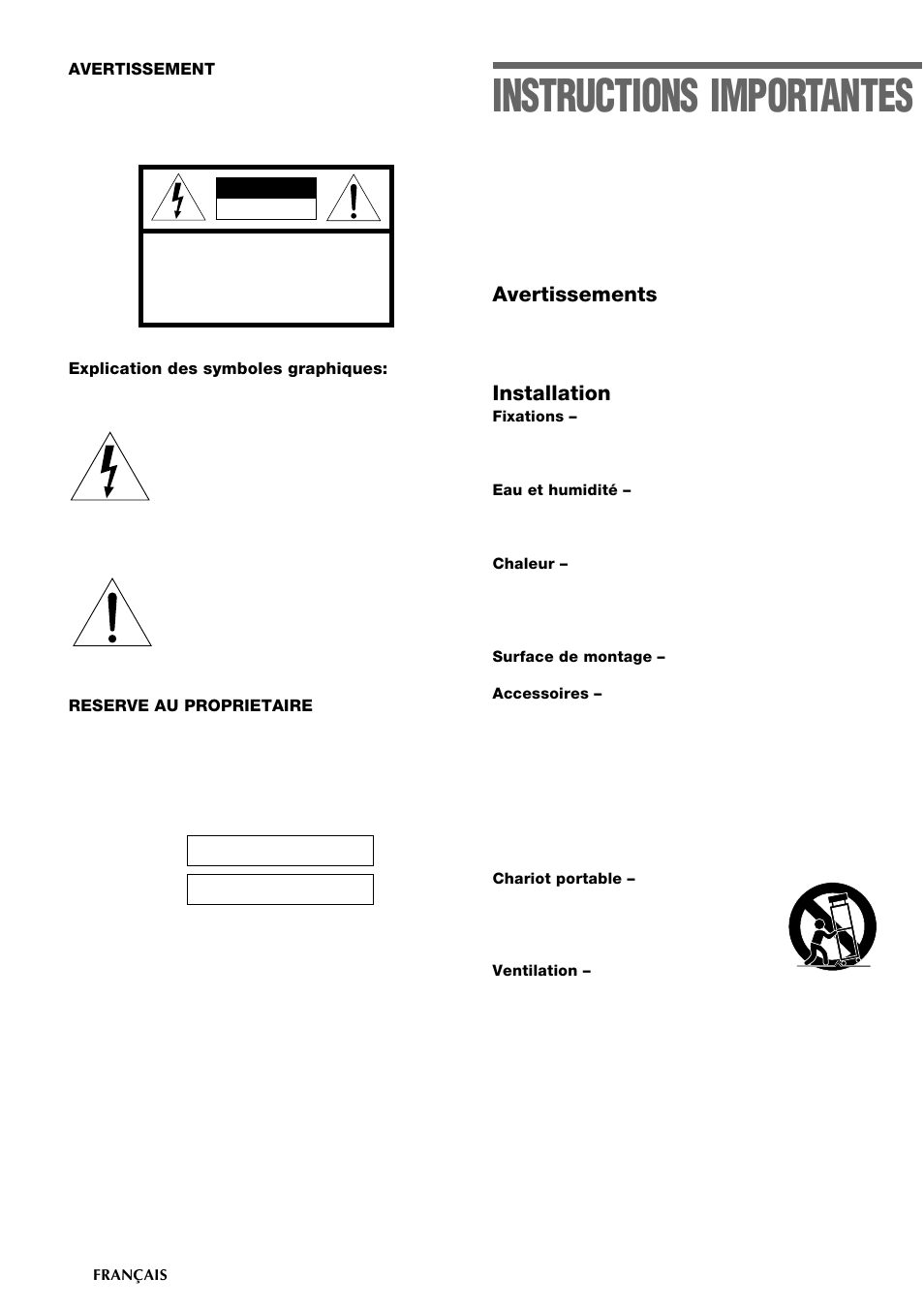 Instructions importantes, Avertissements, Installation | Aiwa CSD-TD19 User Manual | Page 18 / 26