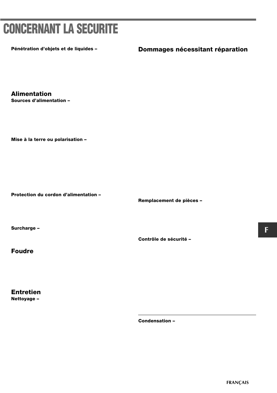 Concernant la securite, Alimentation, Foudre | Entretien, Dommages nécessitant réparation | Aiwa CSD-TD19 User Manual | Page 19 / 26
