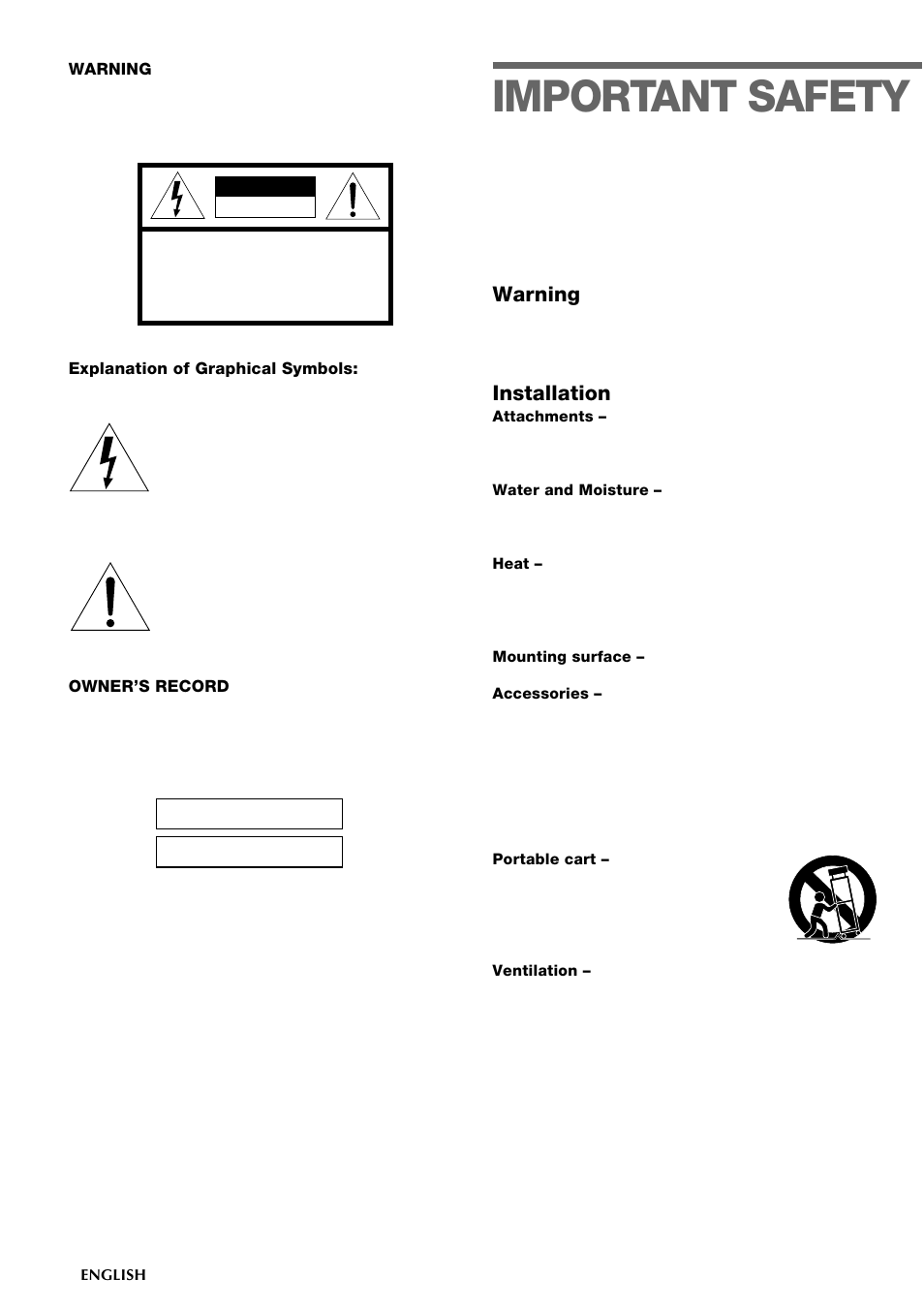 Important safety, Warning, Installation | Aiwa CSD-TD19 User Manual | Page 2 / 26