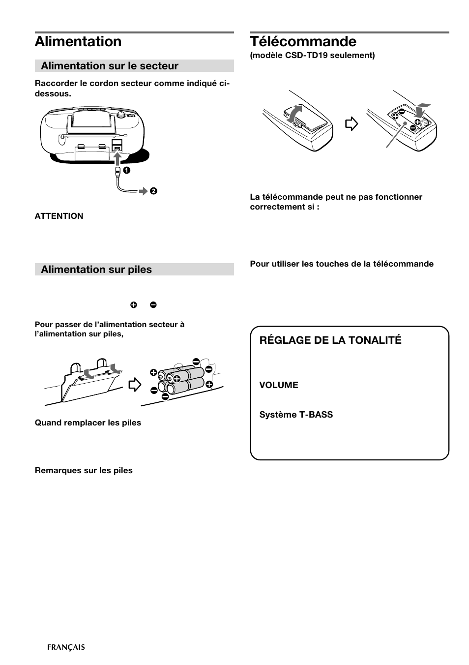 Alimentation, Télécommande, Alimentation sur le secteur | Alimentation sur piles, Réglage de la tonalité | Aiwa CSD-TD19 User Manual | Page 20 / 26