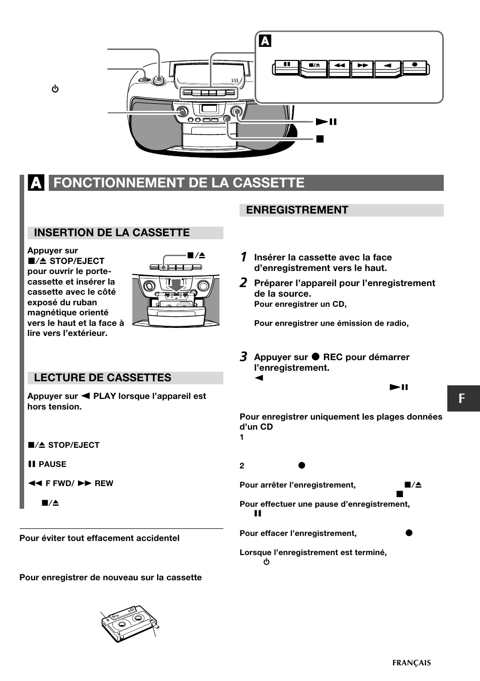 Ffonctionnement de la cassette, Insertion de la cassette, Lecture de cassettes | Enregistrement | Aiwa CSD-TD19 User Manual | Page 21 / 26