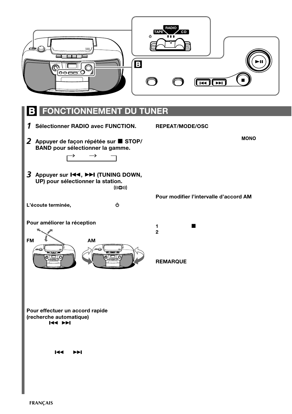 Fonctionnement du tuner | Aiwa CSD-TD19 User Manual | Page 22 / 26