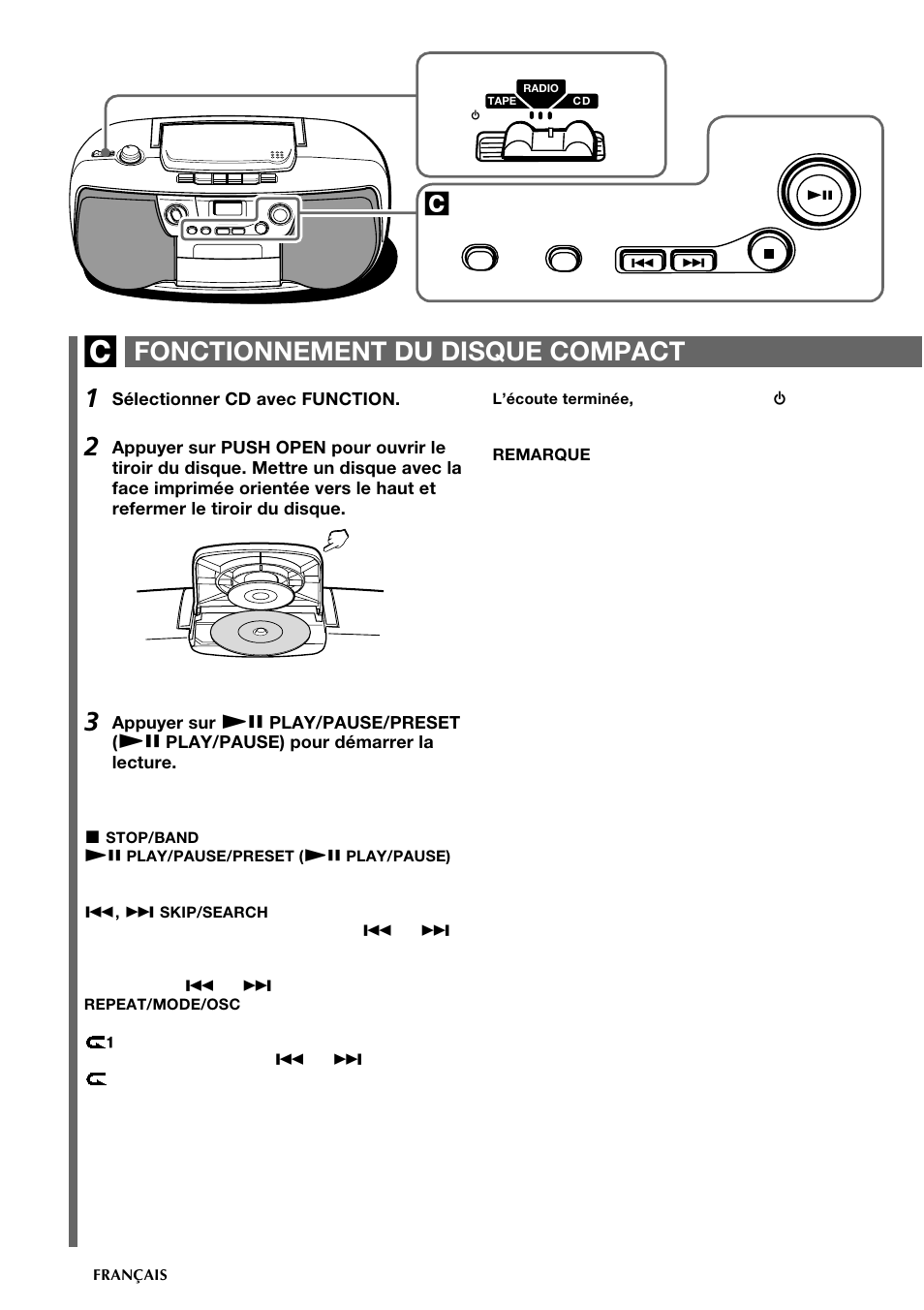 Fonctionnement du disque compact | Aiwa CSD-TD19 User Manual | Page 24 / 26