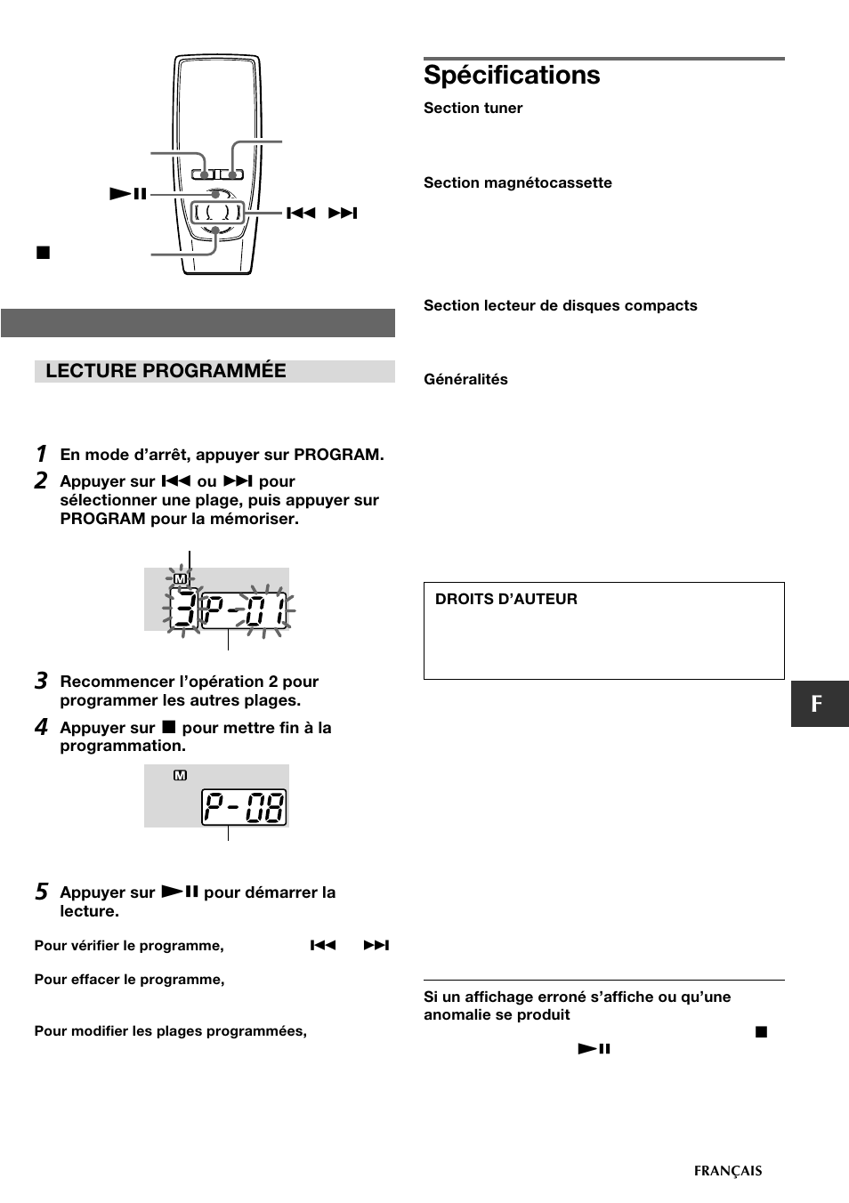 Spécifications, Lecture programmée | Aiwa CSD-TD19 User Manual | Page 25 / 26