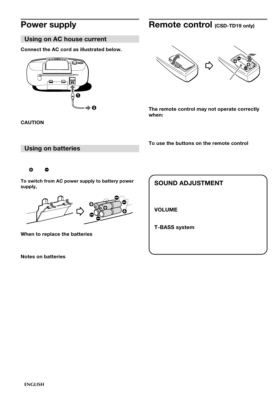 Power supply, Remote control, Using on ac house current | Using on batteries, Sound adjustment | Aiwa CSD-TD19 User Manual | Page 4 / 26