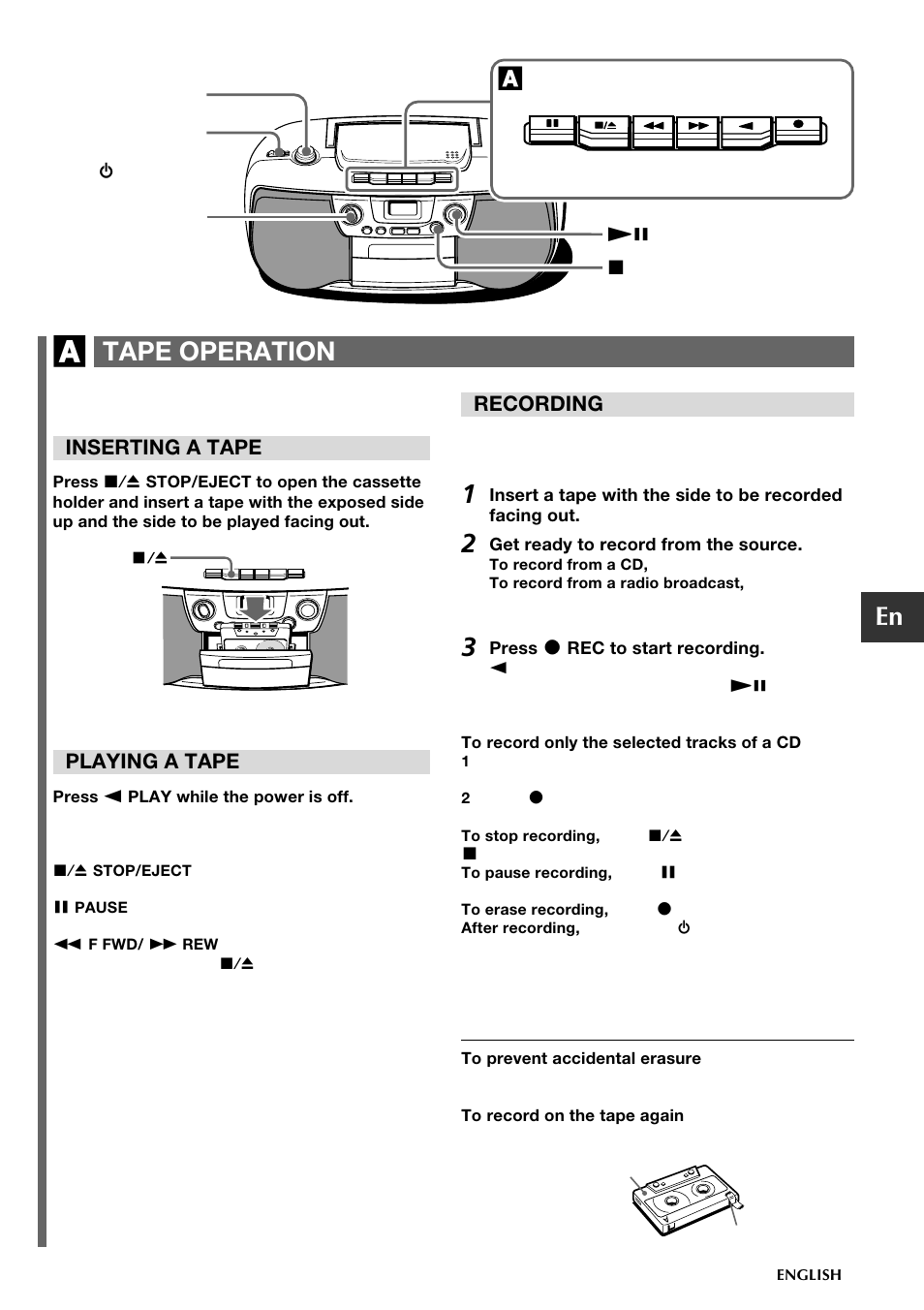 Tape operation, Inserting a tape, Playing a tape | Recording | Aiwa CSD-TD19 User Manual | Page 5 / 26