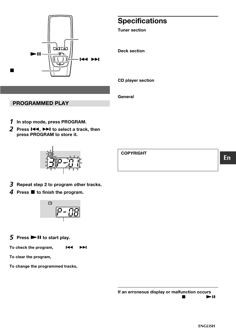 Specifications, Programmed play | Aiwa CSD-TD19 User Manual | Page 9 / 26