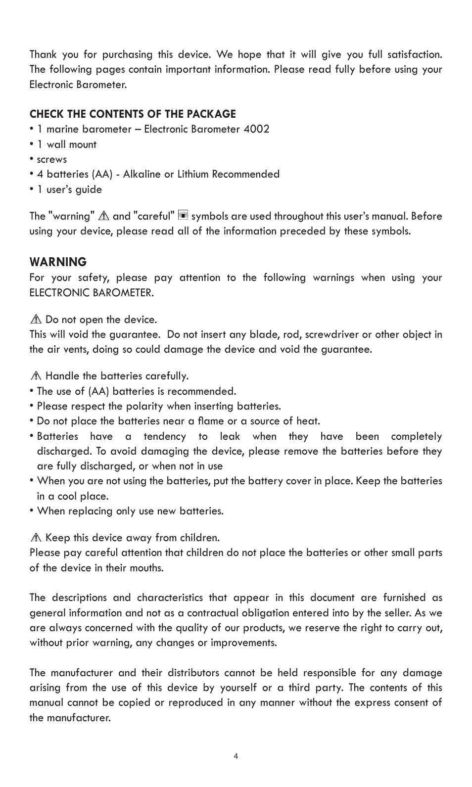 Weems and Plath Electronic Barometer User Manual | Page 4 / 20