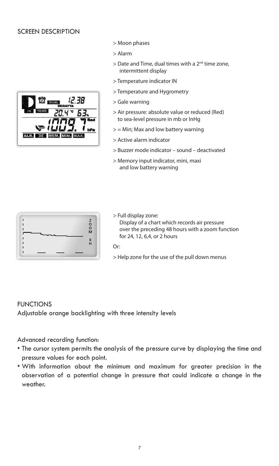 Screen description | Weems and Plath Electronic Barometer User Manual | Page 7 / 20