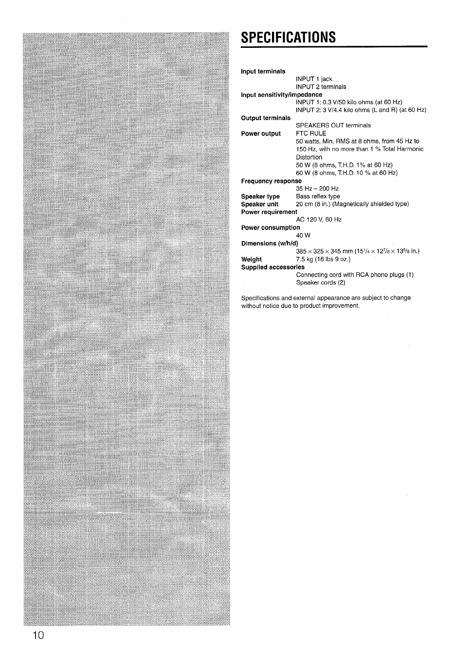 Specifications, Input terminals | Aiwa TS-W45 User Manual | Page 10 / 12