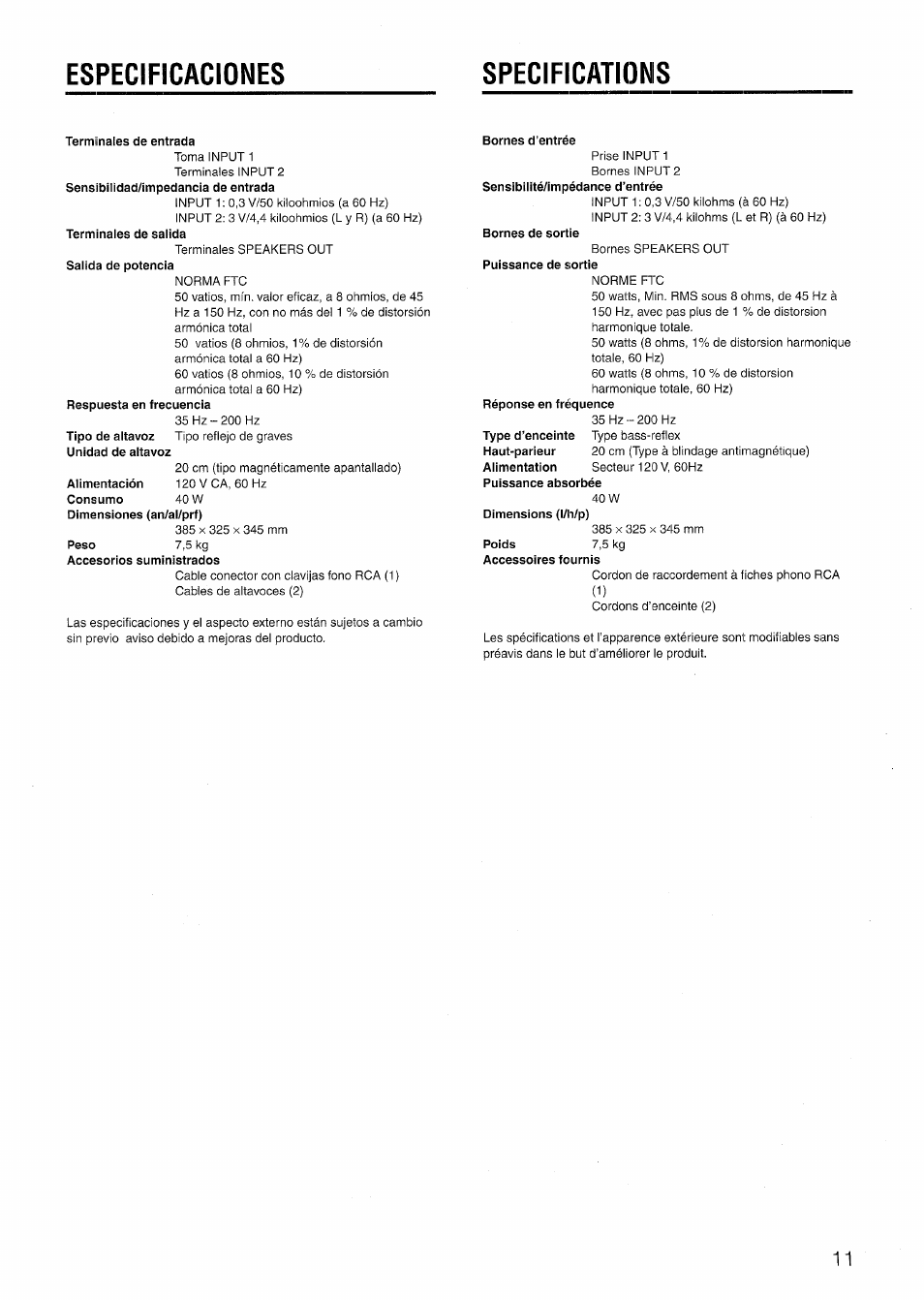 Especificaciones, Specifications, Terminales de entrada | Bornes d’entrée, Especificaciones specifications | Aiwa TS-W45 User Manual | Page 11 / 12