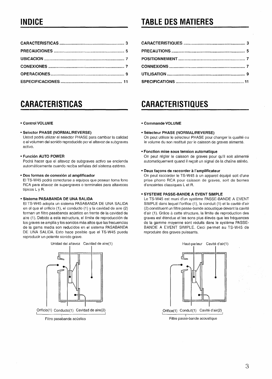 Table des iviatieres, Caracteristicas, Caracteristiques | Indice table des iviatieres, Caracteristicas caracteristiques | Aiwa TS-W45 User Manual | Page 3 / 12