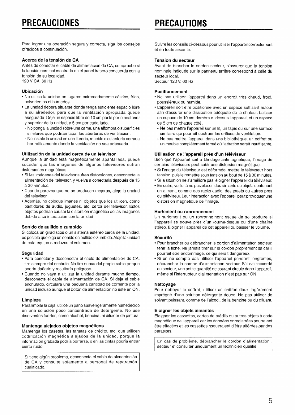 Precauciones, Precautions, Acerca de la tensión de ca | Ubicación, Utilización de la unidad cerca de un televisor, Sonido de aullido o zumbido, Seguridad, Limpieza, Mantenga alejados objetos magnéticos, Tension du secteur | Aiwa TS-W45 User Manual | Page 5 / 12