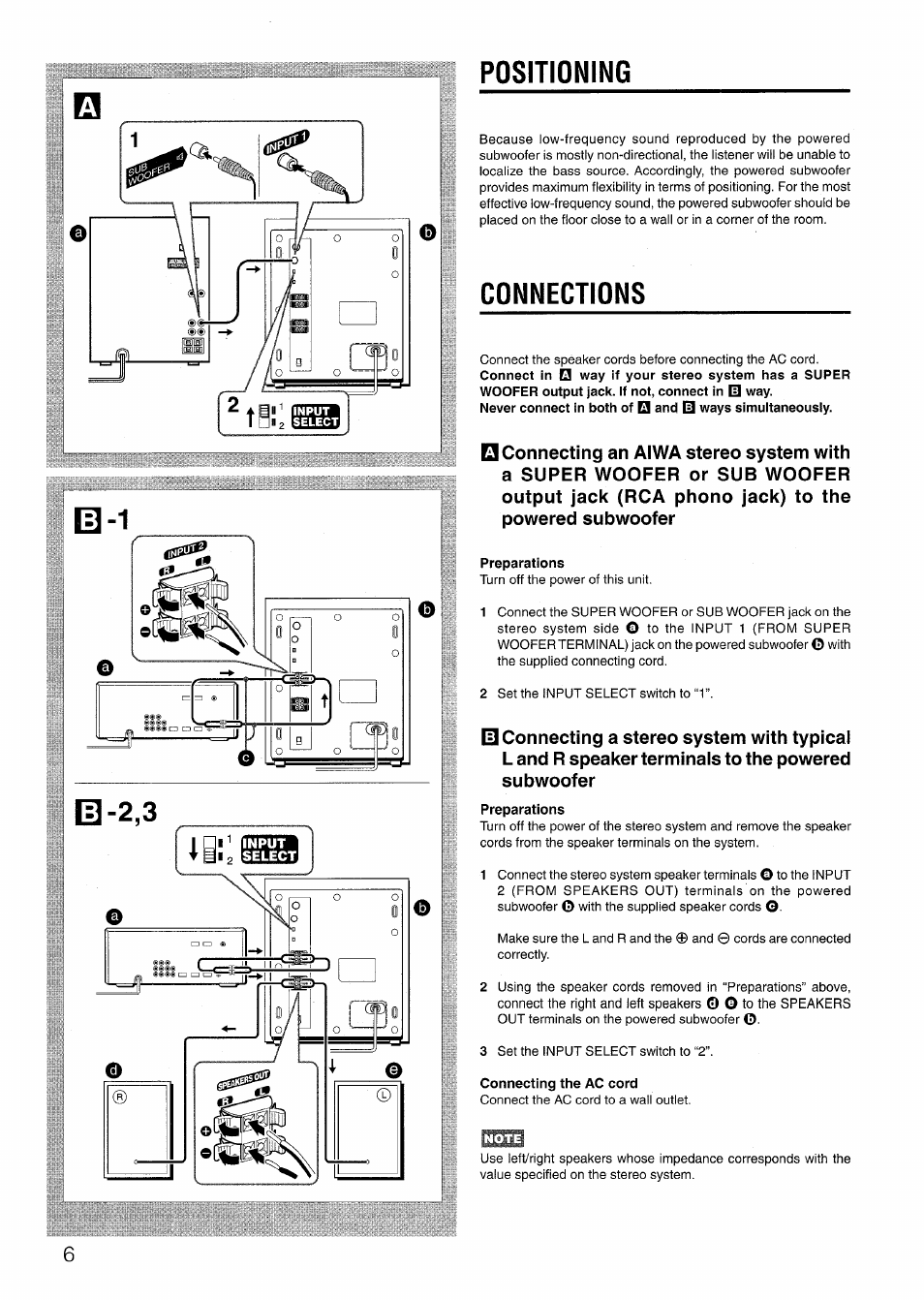 Positioning, Connections, Preparations | Connecting the ac cord, Precautions | Aiwa TS-W45 User Manual | Page 6 / 12