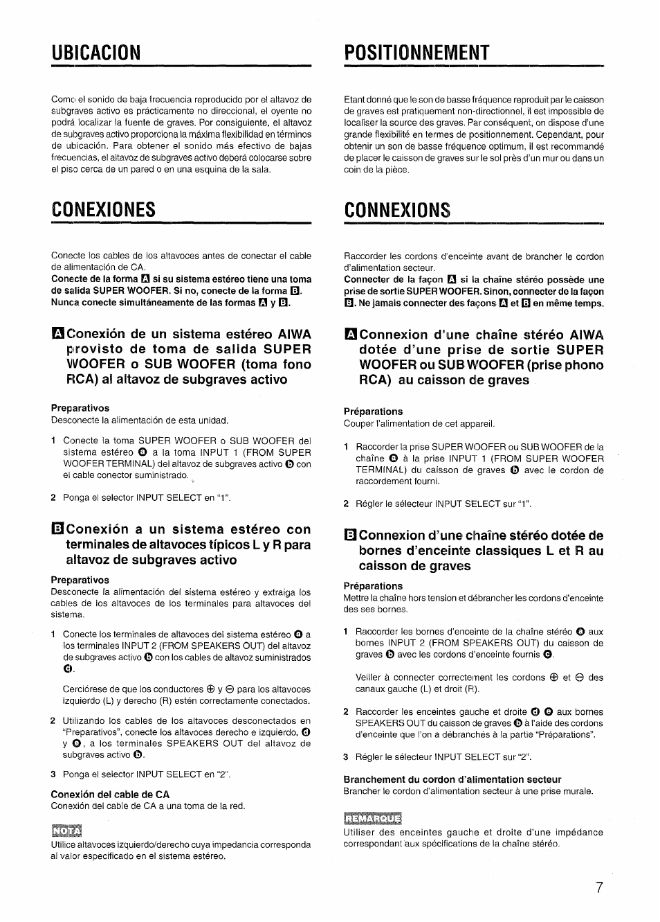 Positionnement, Connexions, Preparativos | Conexión dei cable de ca, Préparations, Branchement du cordon d’alimentation secteur, Conexiones, Ubicacion positionnement, Conexiones connexions | Aiwa TS-W45 User Manual | Page 7 / 12