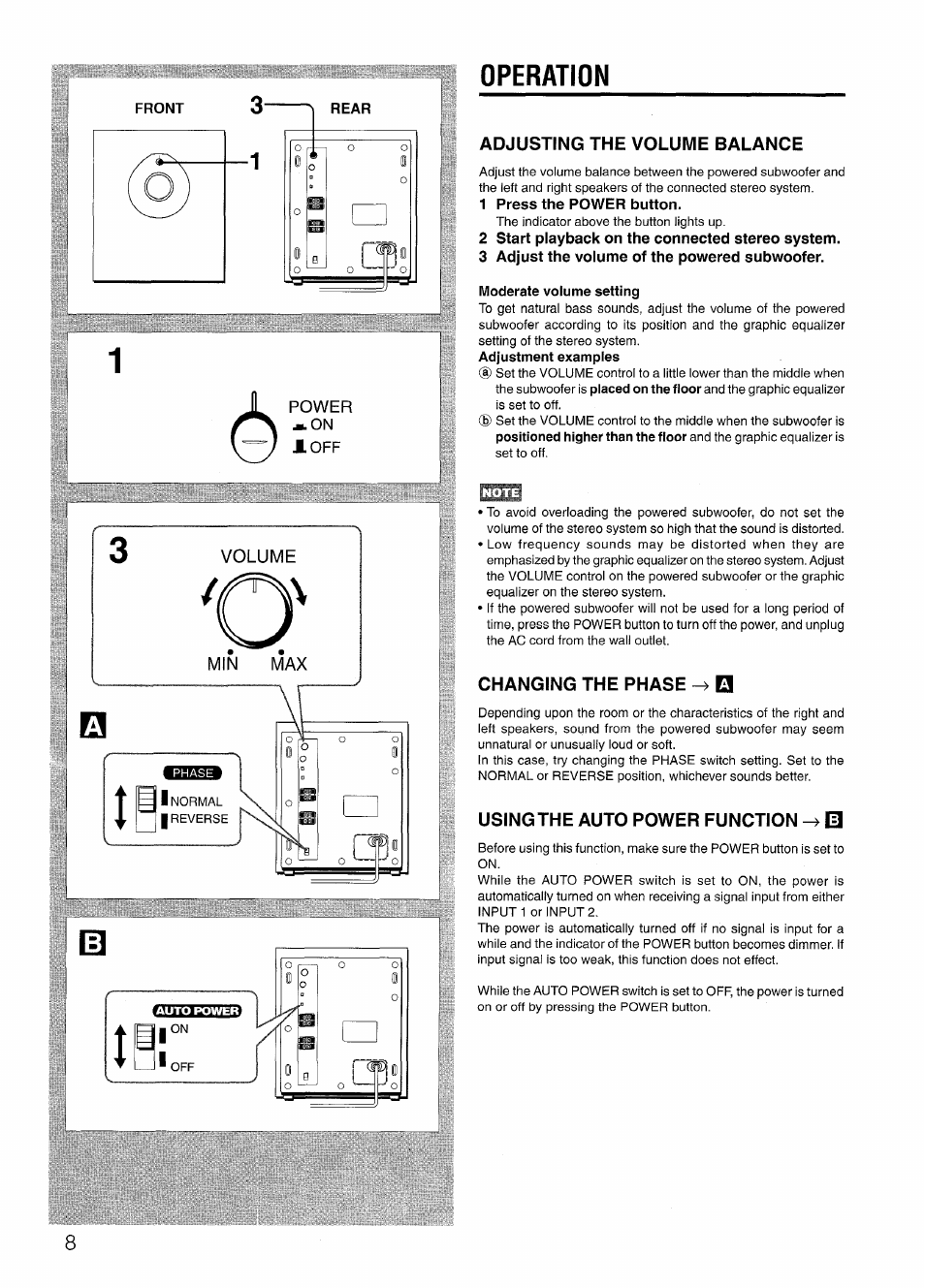 Operation, Jloff, 1 press the power button | 2 start playback on the connected stereo system, 3 adjust the volume of the powered subwoofer | Aiwa TS-W45 User Manual | Page 8 / 12