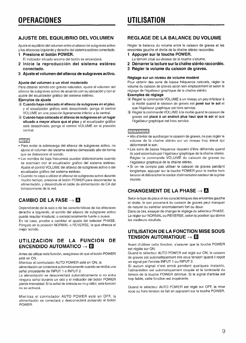 1 presione el botón power, Ajuste del volumen a un nivel moderado, 1 appuyer sur la touche power | 3 régler le volume du caisson de graves, Réglage sur un niveau de volume modéré, Operaciones utilisation, Ajuste del equilibrio del volumen, Cambio de la fase, Utilizacion de la funcion encendido automatico, Reglage de la balance du volume | Aiwa TS-W45 User Manual | Page 9 / 12
