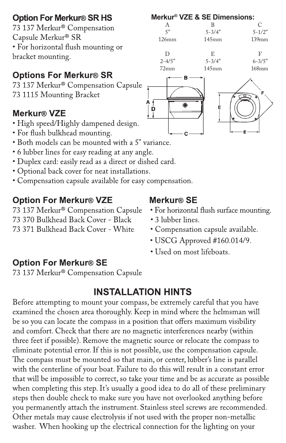 Merkur, Vze & se dimensions | Weems and Plath Venus Binnacle (Black) User Manual | Page 6 / 12