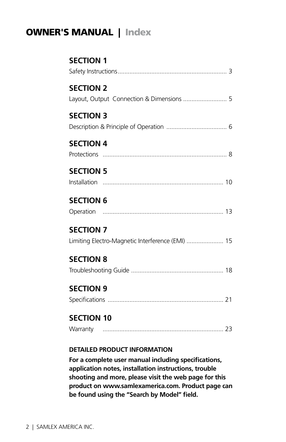 Owner's manual | index | Samlex America SEC-1223BBM User Manual | Page 2 / 24