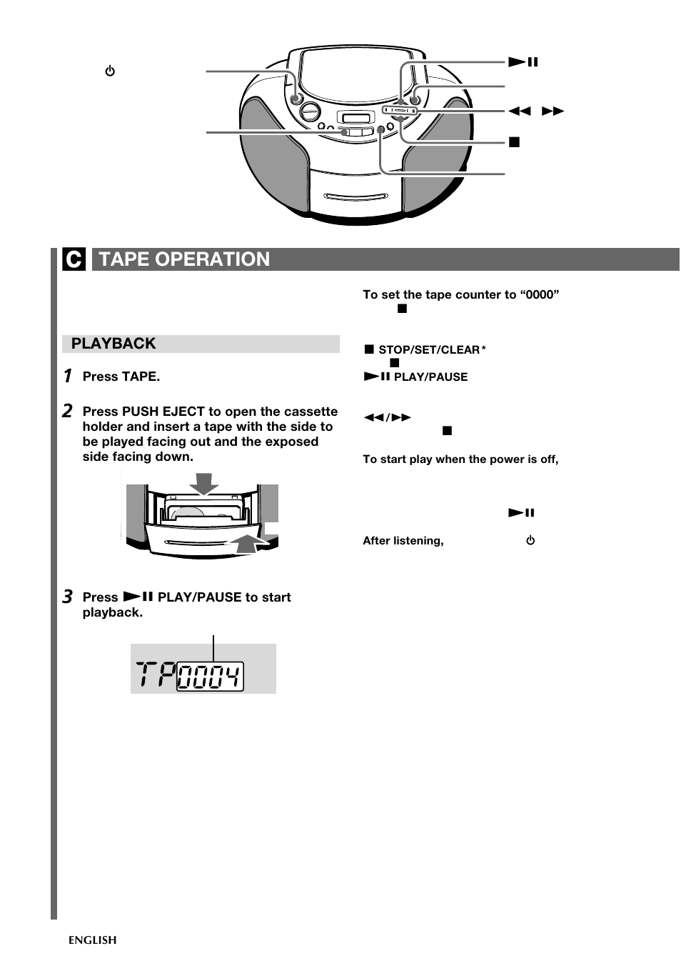 Tape operation, Playback | Aiwa CSD-TD49 User Manual | Page 10 / 12