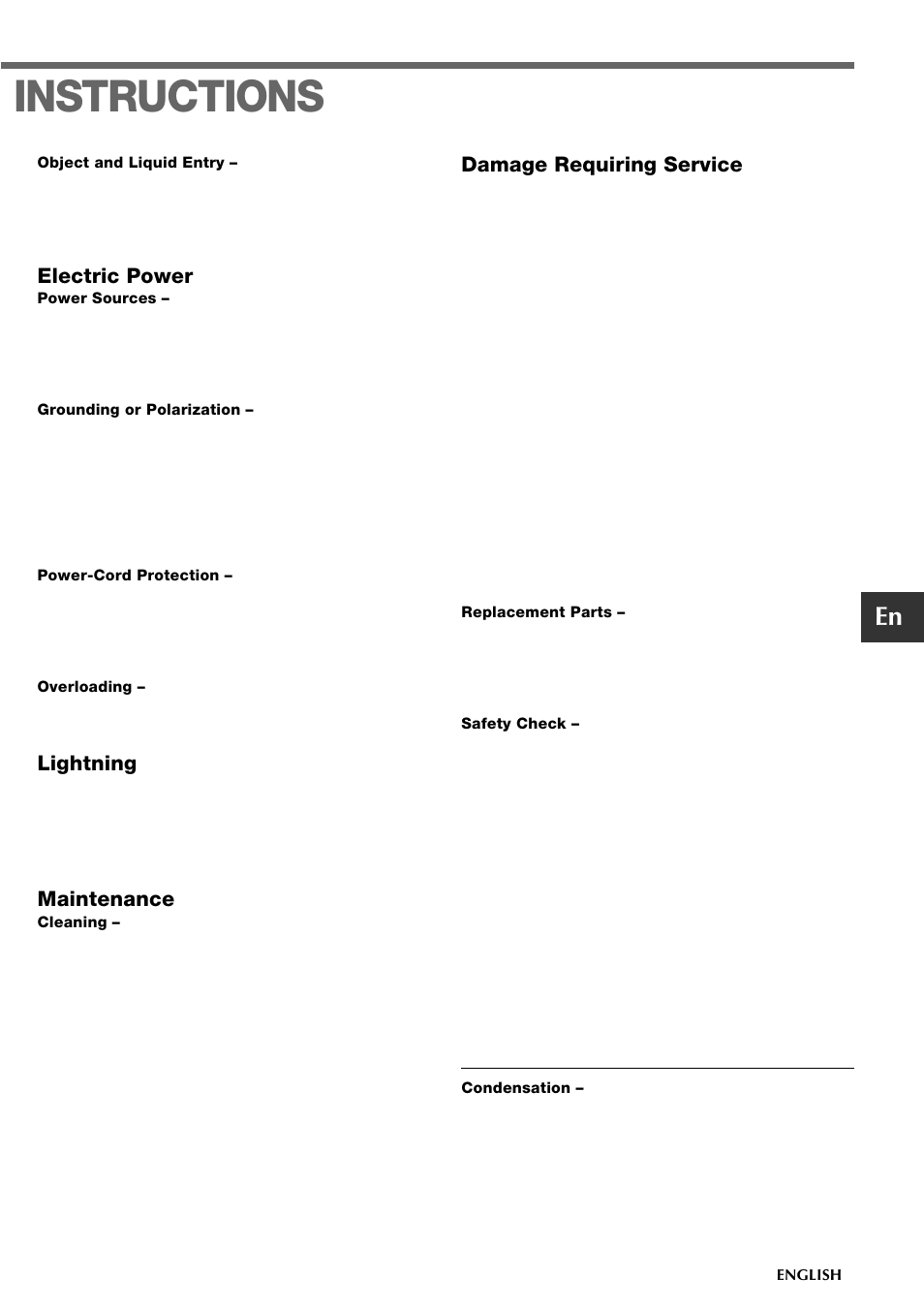 Instructions, Electric power, Lightning | Maintenance, Damage requiring service | Aiwa CSD-TD49 User Manual | Page 3 / 12