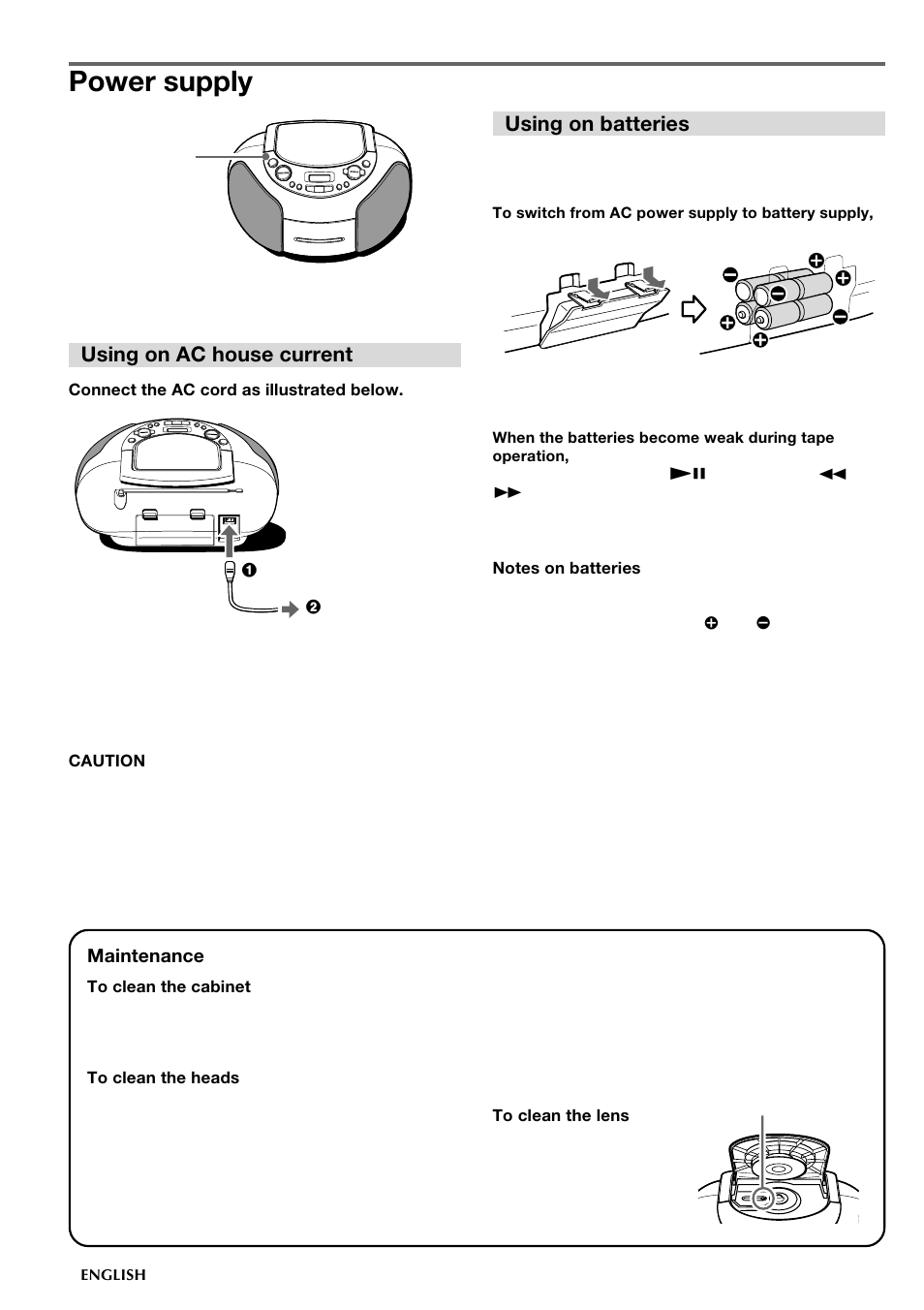 Power supply, Using on ac house current, Using on batteries | Aiwa CSD-TD49 User Manual | Page 4 / 12