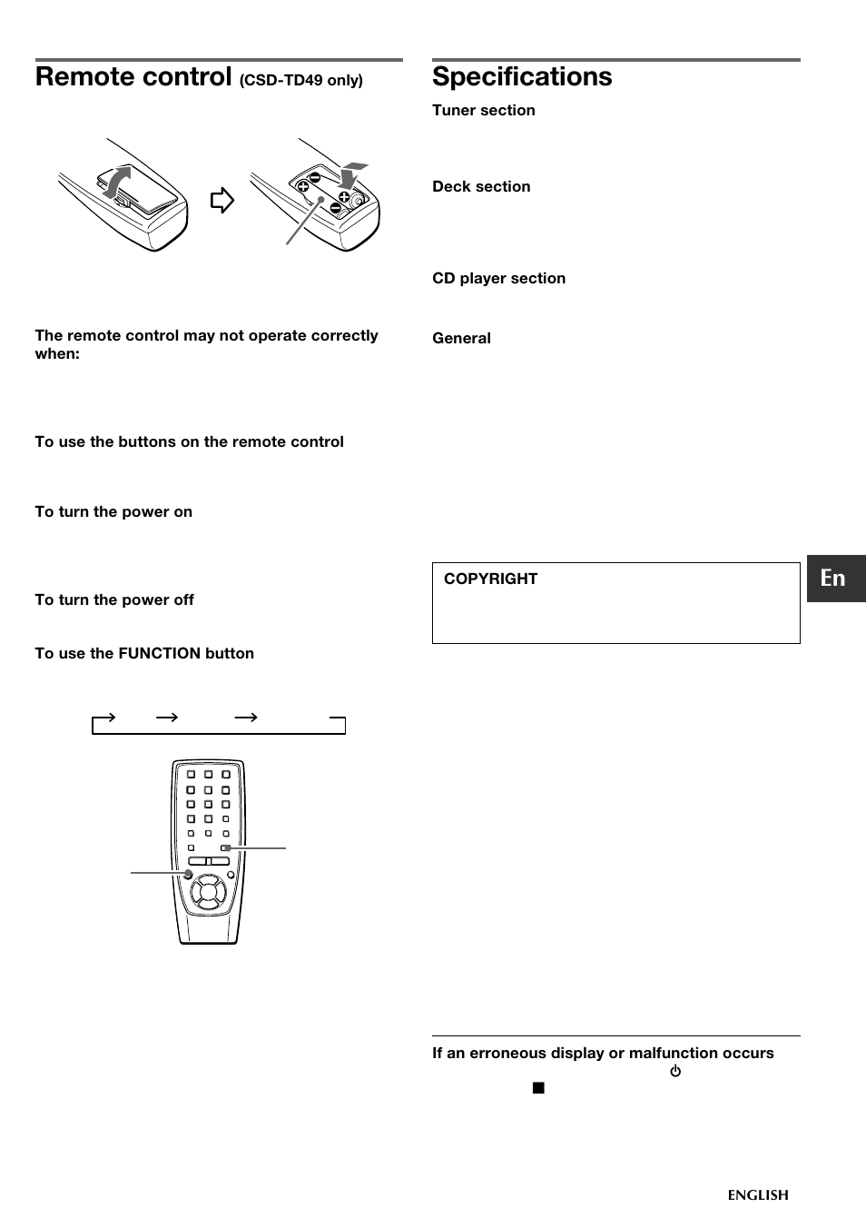 Remote control, Specifications | Aiwa CSD-TD49 User Manual | Page 5 / 12