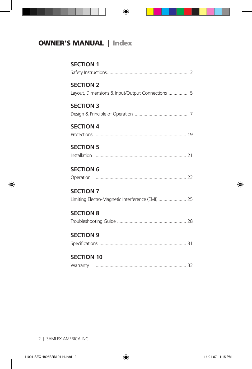 Owner's manual | index | Samlex America SEC-4825BRM User Manual | Page 2 / 36
