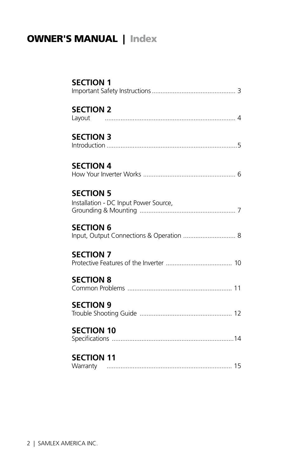 Owner's manual | index | Samlex America SAM-450-12E User Manual | Page 2 / 16