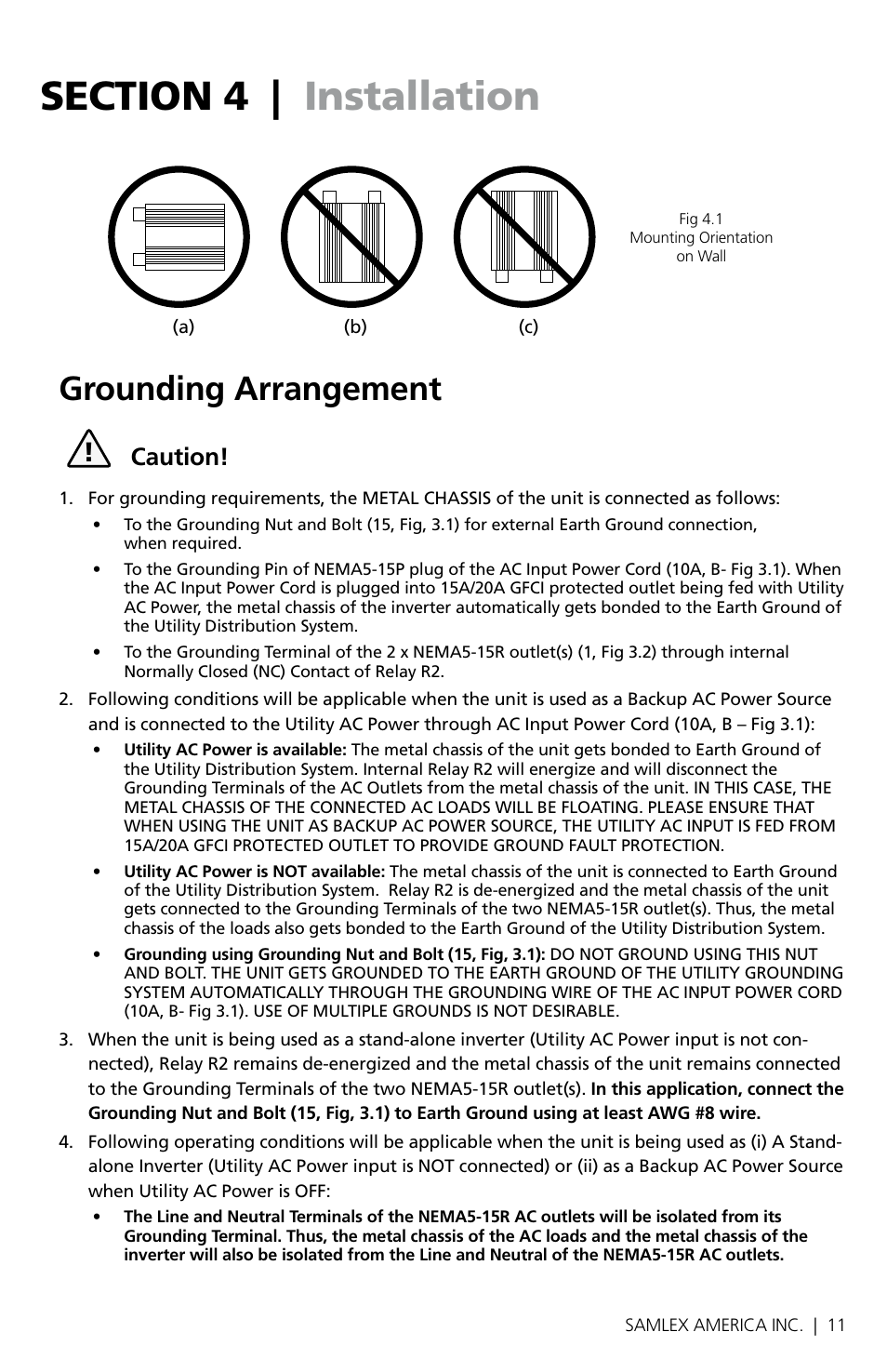 Grounding arrangement, Caution | Samlex America SAM-1500C-12 User Manual | Page 13 / 32