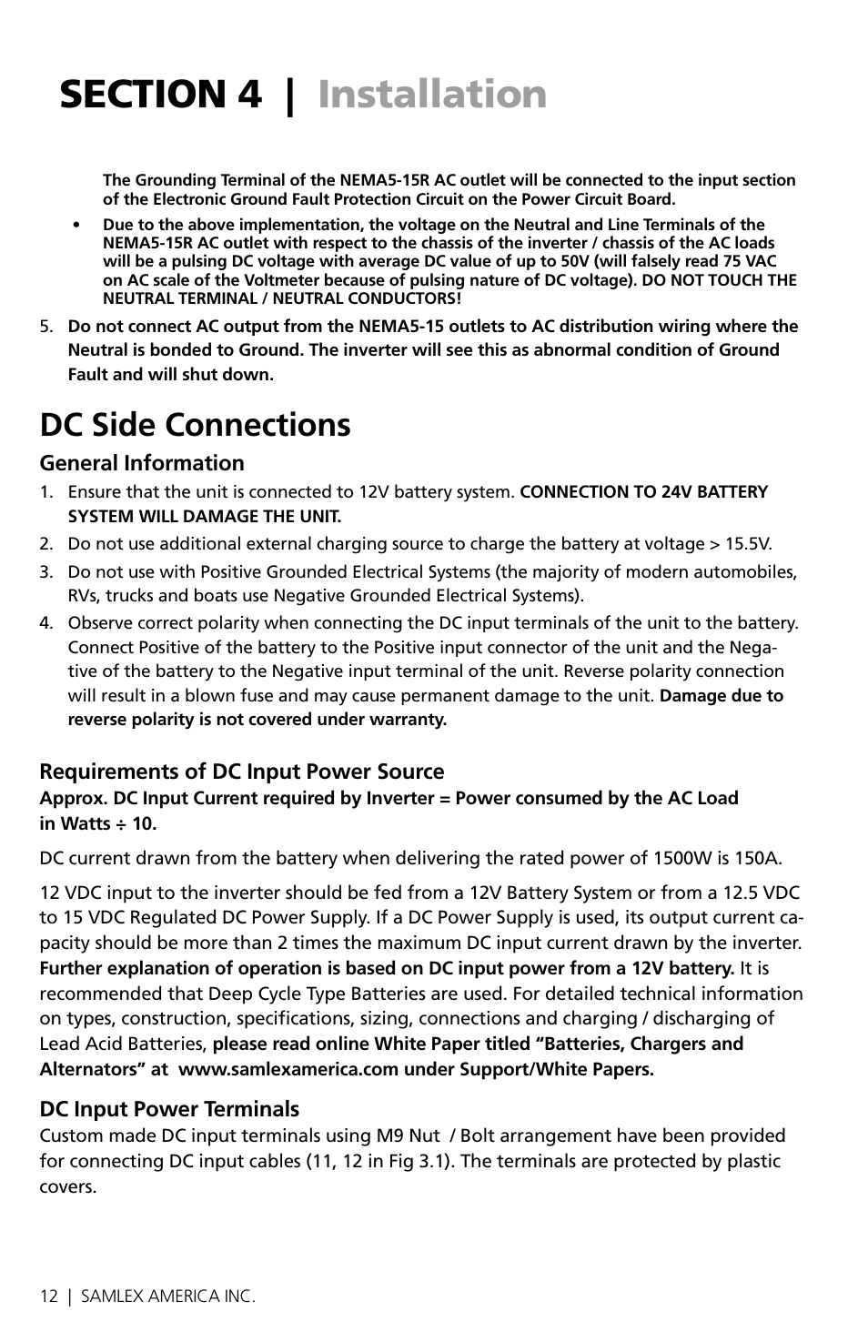 Dc side connections | Samlex America SAM-1500C-12 User Manual | Page 14 / 32