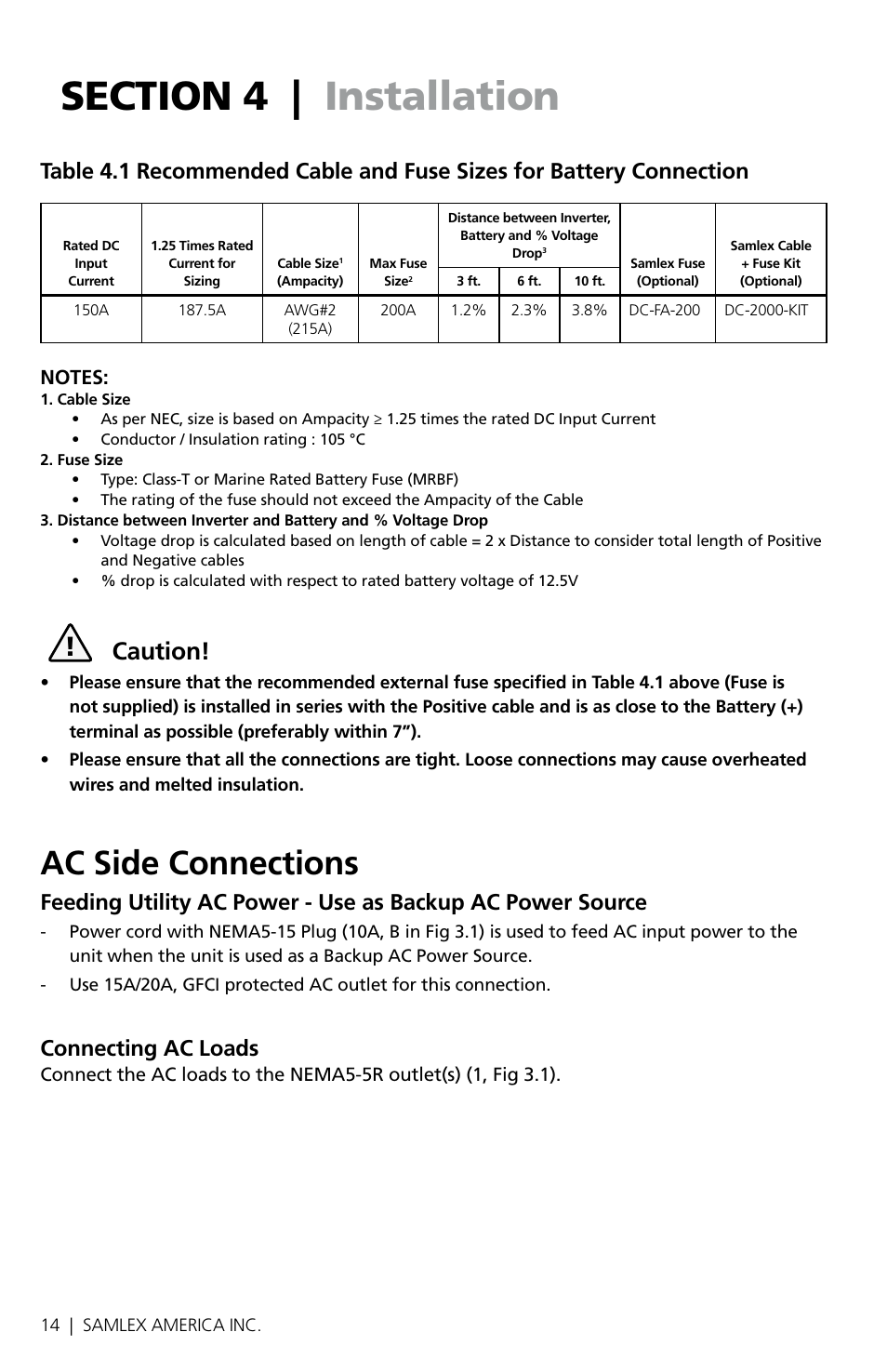 Ac side connections, Caution, Connecting ac loads | Samlex America SAM-1500C-12 User Manual | Page 16 / 32