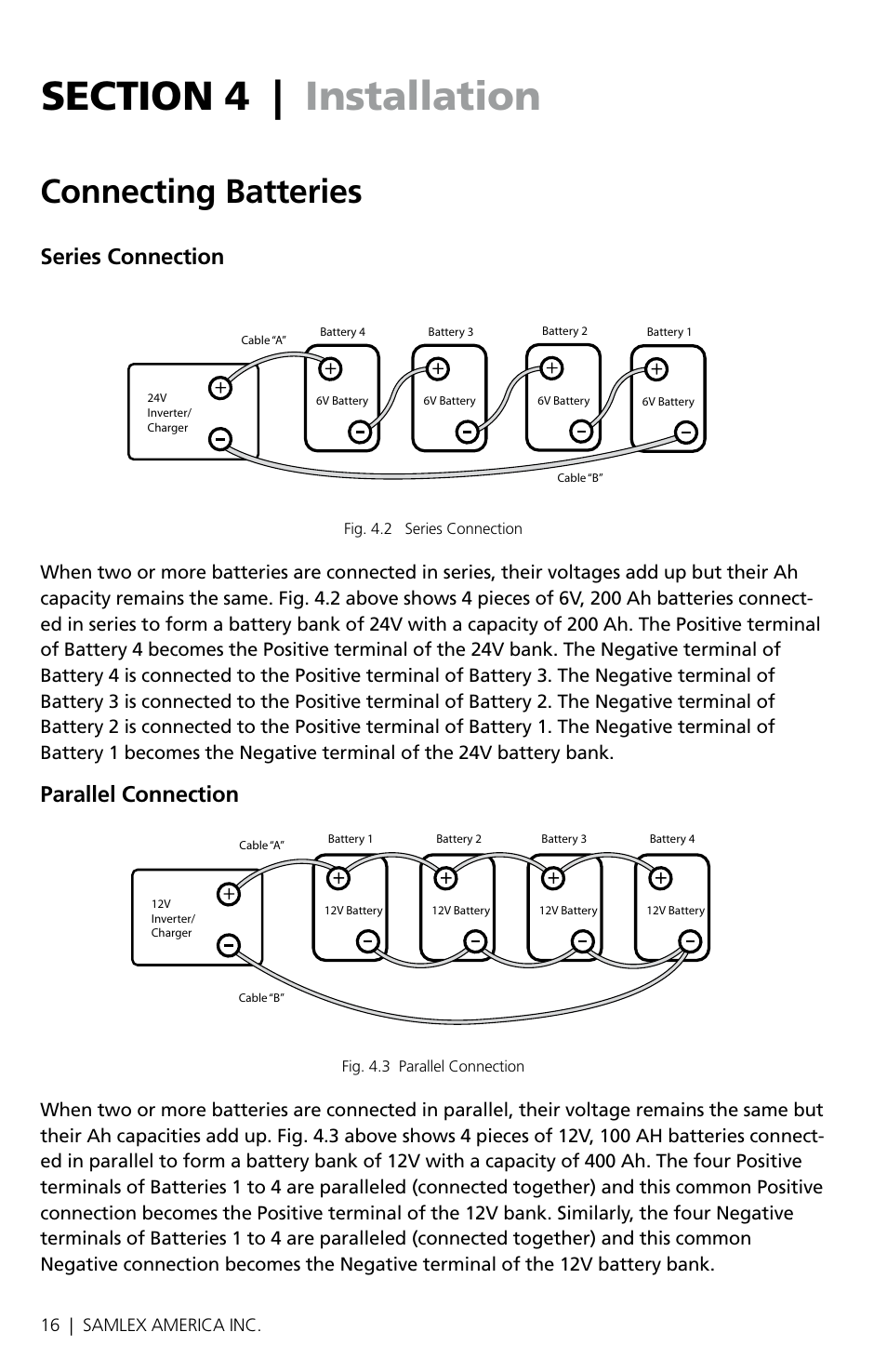 Connecting batteries, Series connection, Parallel connection | 16 | samlex america inc | Samlex America SAM-1500C-12 User Manual | Page 18 / 32