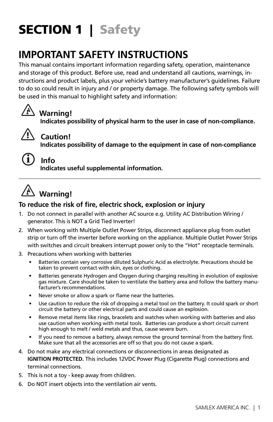 Important safety instructions, Warning, Caution | Info | Samlex America SAM-1500C-12 User Manual | Page 3 / 32