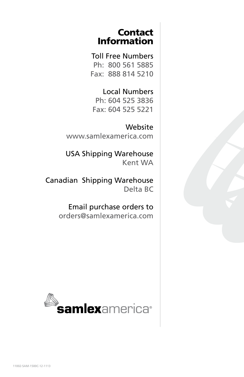 Contact information | Samlex America SAM-1500C-12 User Manual | Page 32 / 32