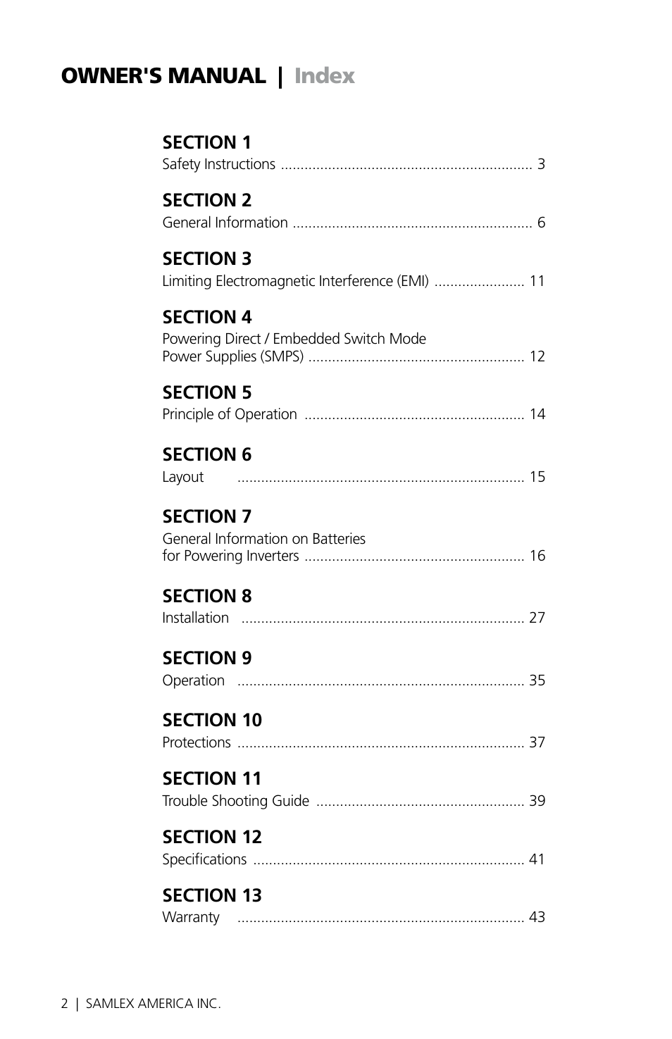 Owner's manual | index | Samlex America PST-300-24 User Manual | Page 2 / 44