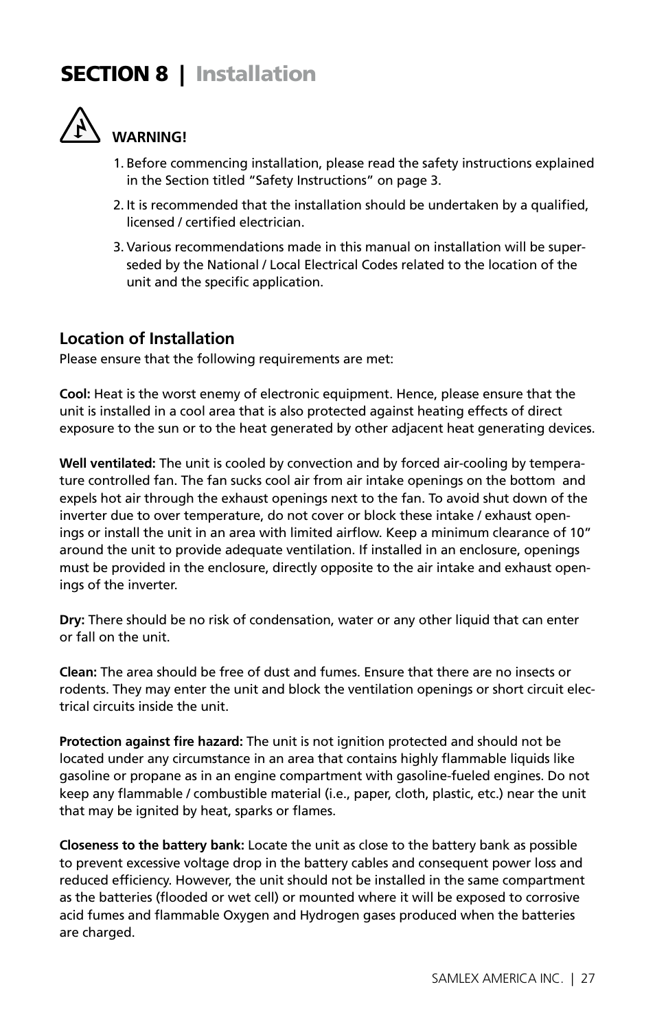 Location of installation | Samlex America PST-300-24 User Manual | Page 27 / 44