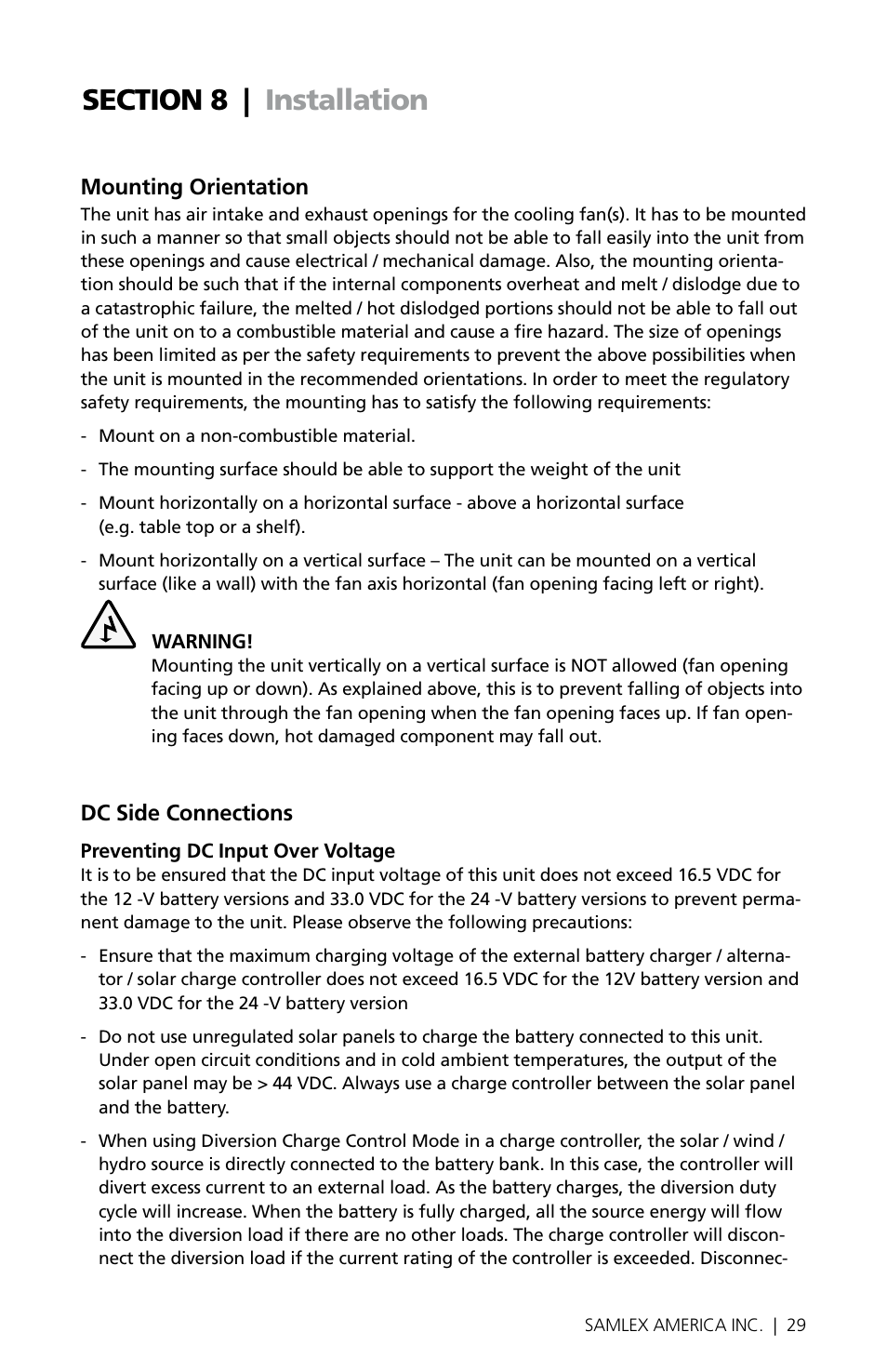 Mounting orientation, Dc side connections | Samlex America PST-300-24 User Manual | Page 29 / 44