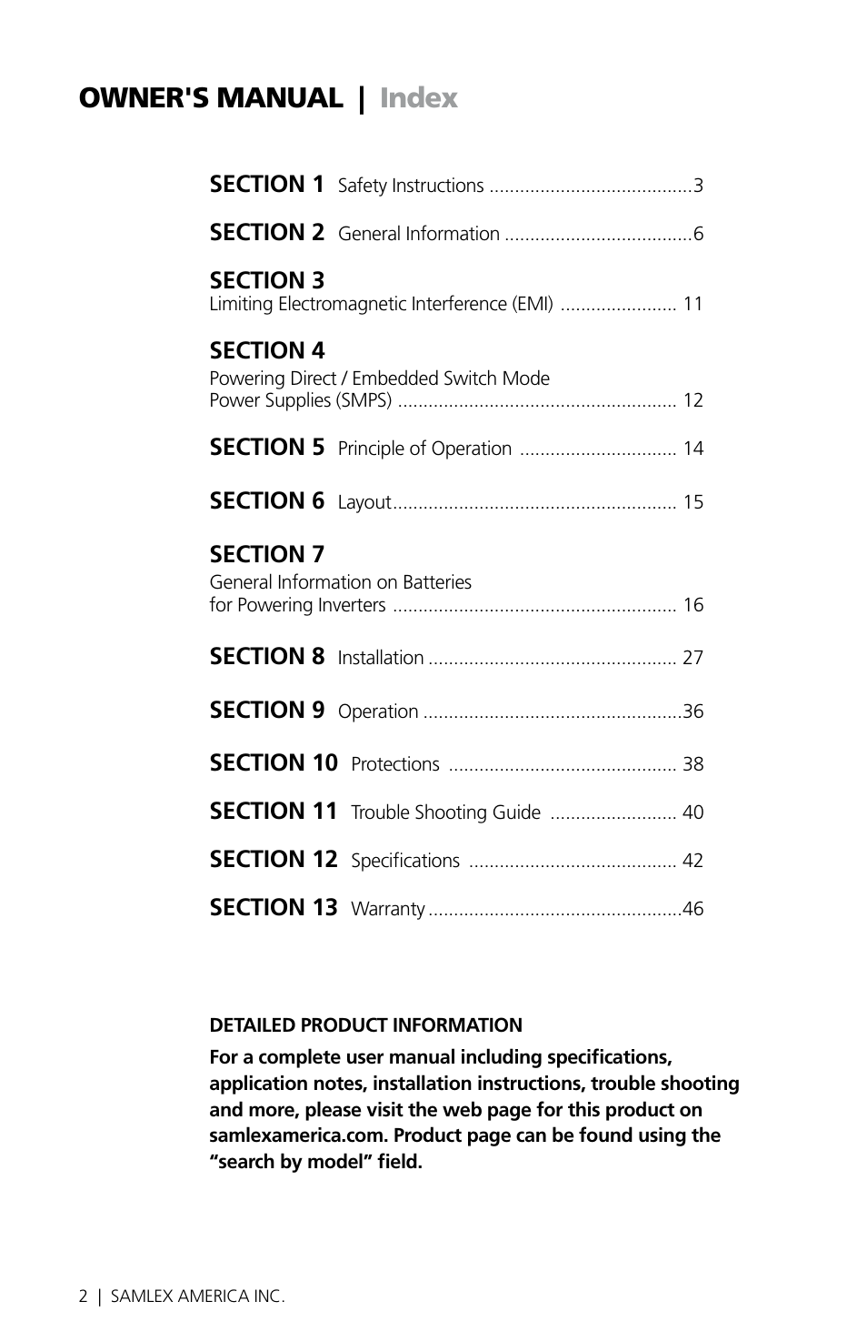 Owner's manual | index | Samlex America PST-1000-24 User Manual | Page 2 / 48