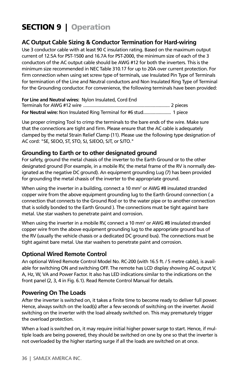 Grounding to earth or to other designated ground, Optional wired remote control, Powering on the loads | Samlex America PST-2000-24 User Manual | Page 36 / 48