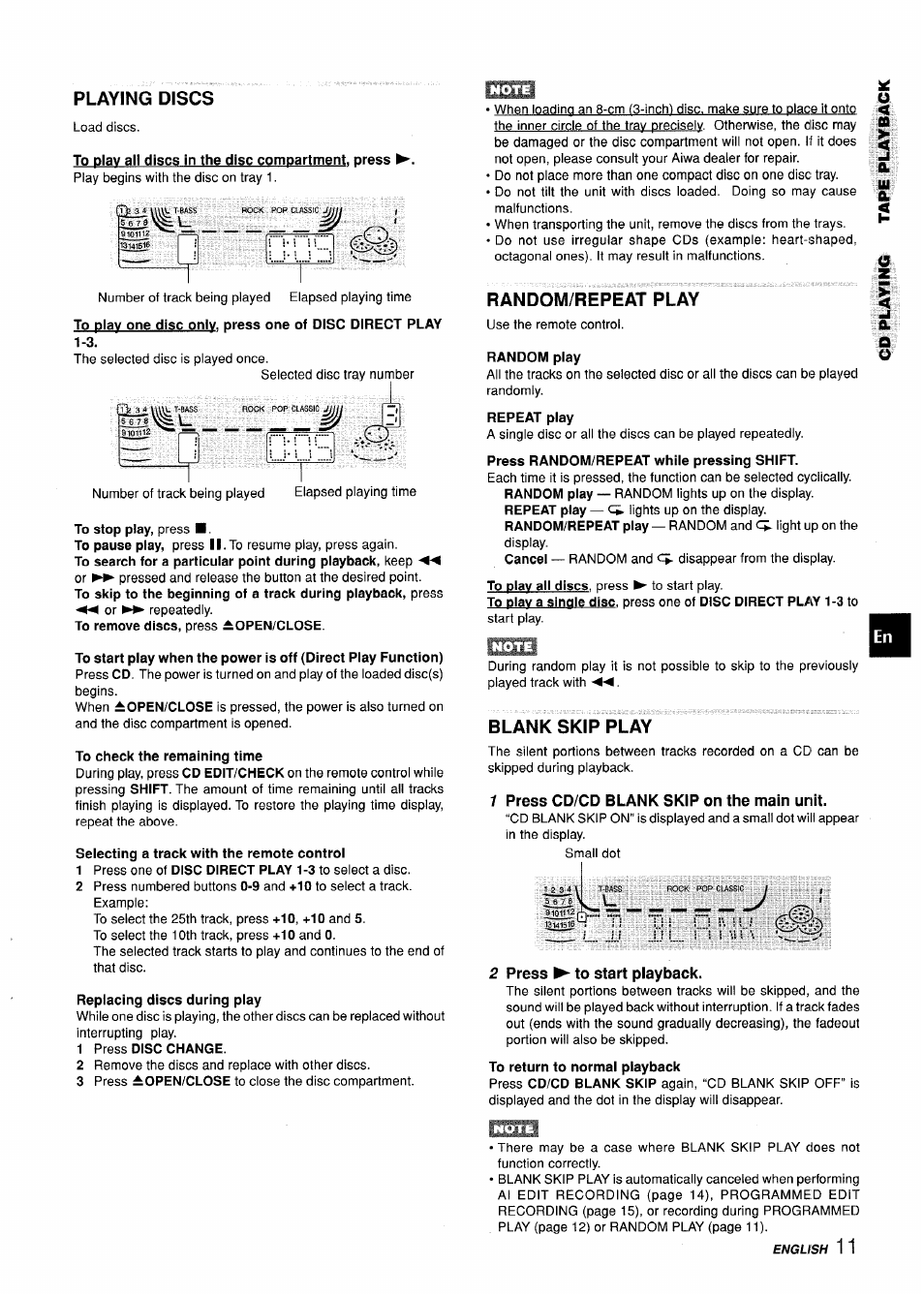 1 press cd/cd blank skip on the main unit, 2 press ► to start playback, Playing discs | Random/repeat play, Blank skip play | Aiwa CX-ZL10 User Manual | Page 11 / 63